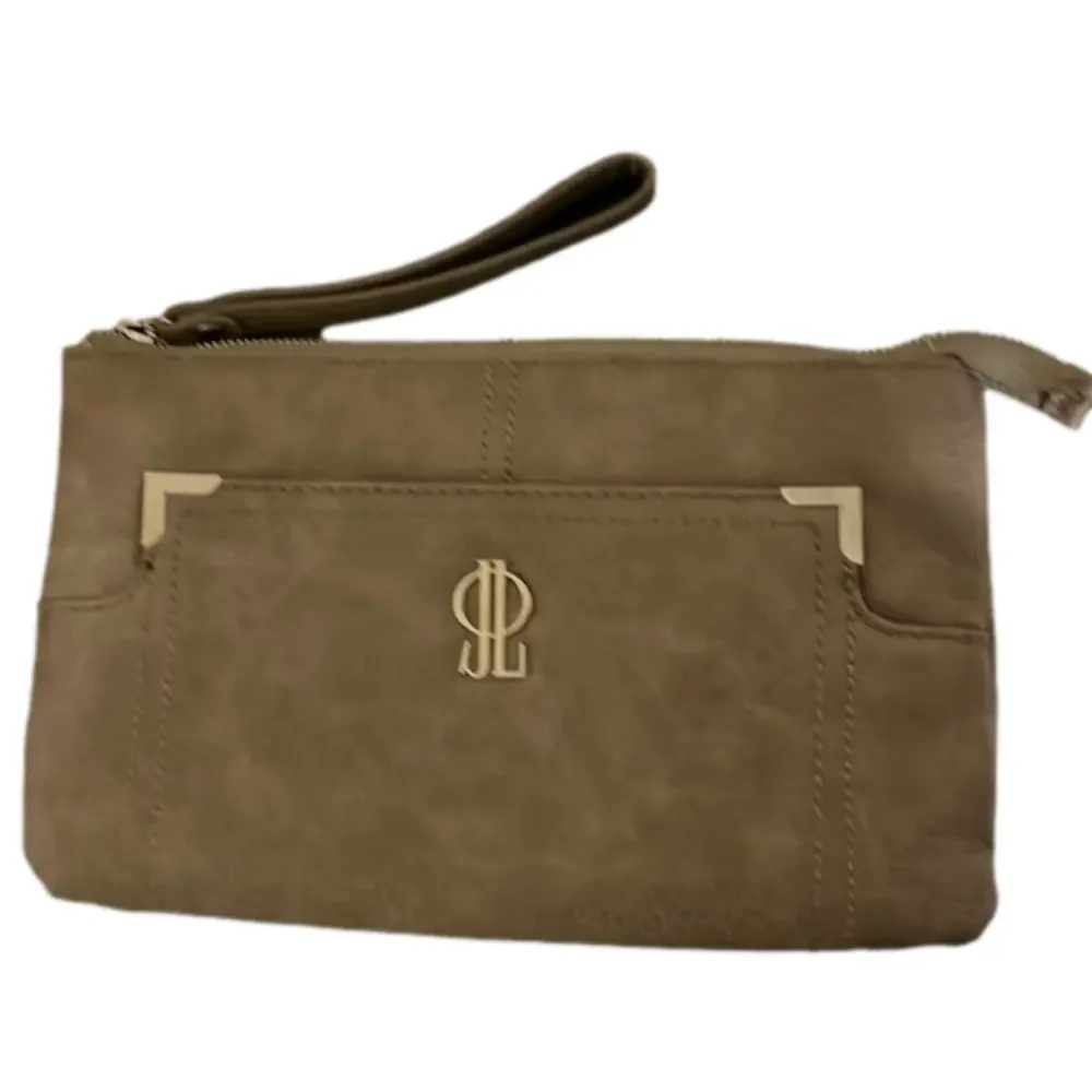 Jennifer Lopez Taupe Wristlet Clutch with Gold Hardware